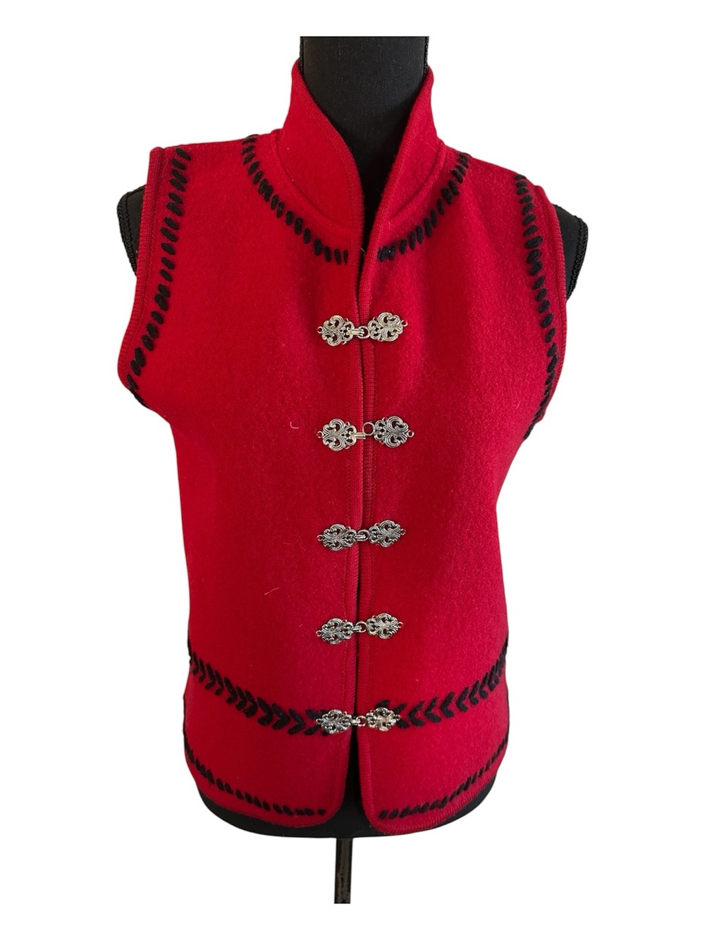 Tally Ho Red Wool Vest with Black Trim and Silver Clasps